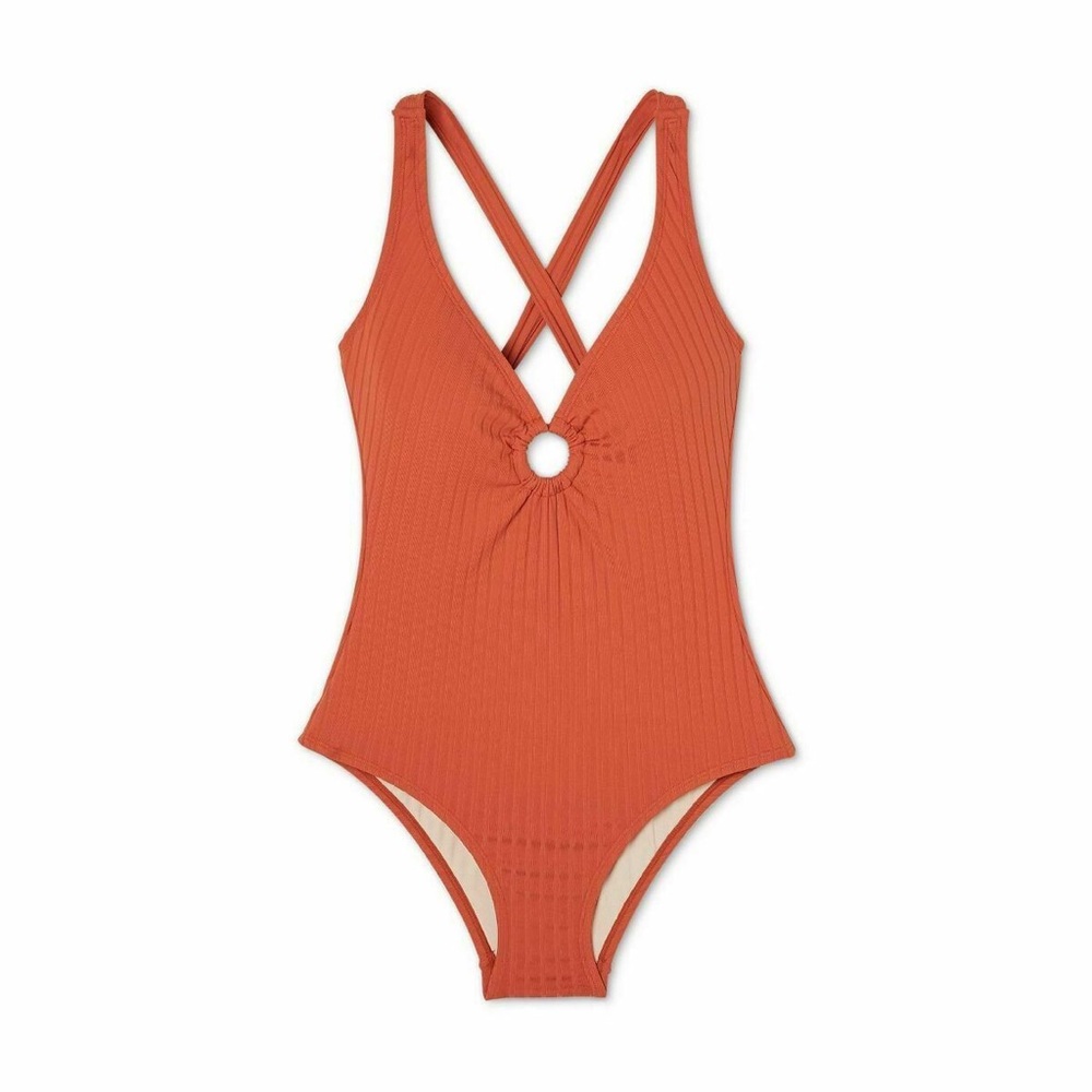 Kona Sol Ribbed Ring Front One Piece Swimsuit Cinnamon Orange